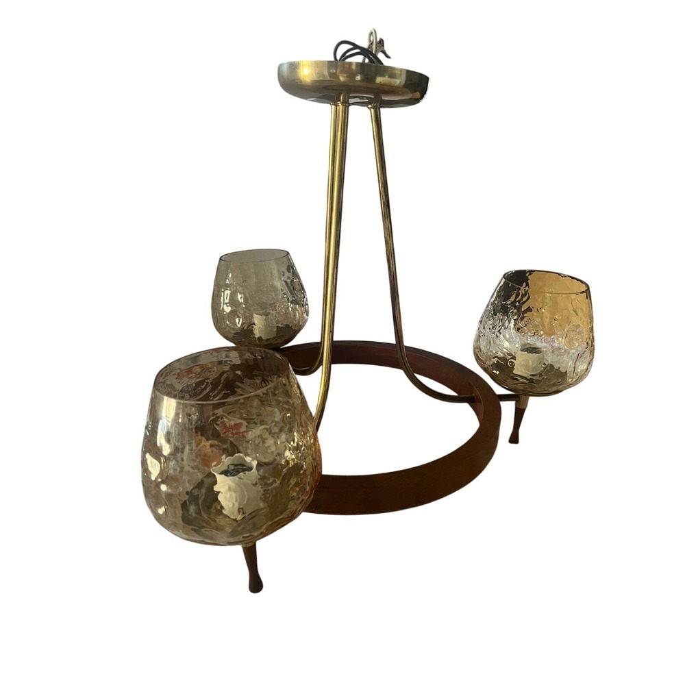 Vtg‎ Bent Brass & Walnut Danish Modern 3-light Champagne Glass Shades Chandelier